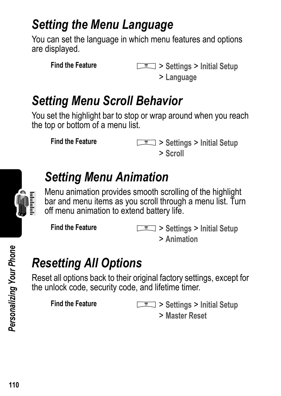 Setting the menu language, Setting menu scroll behavior, Setting menu animation | Resetting all options | Siemens U15 User Manual | Page 111 / 188