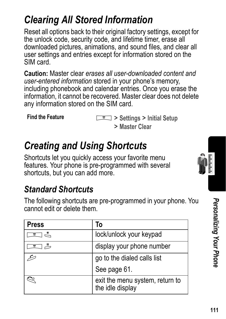 Clearing all stored information, Creating and using shortcuts, Standard shortcuts | Siemens U15 User Manual | Page 112 / 188