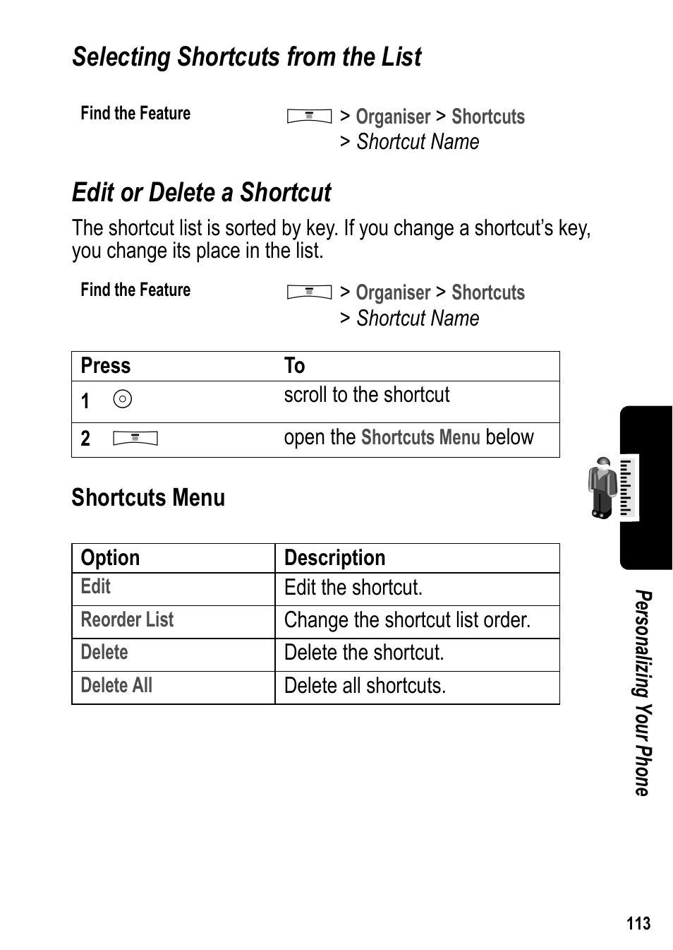 Selecting shortcuts from the list, Edit or delete a shortcut | Siemens U15 User Manual | Page 114 / 188