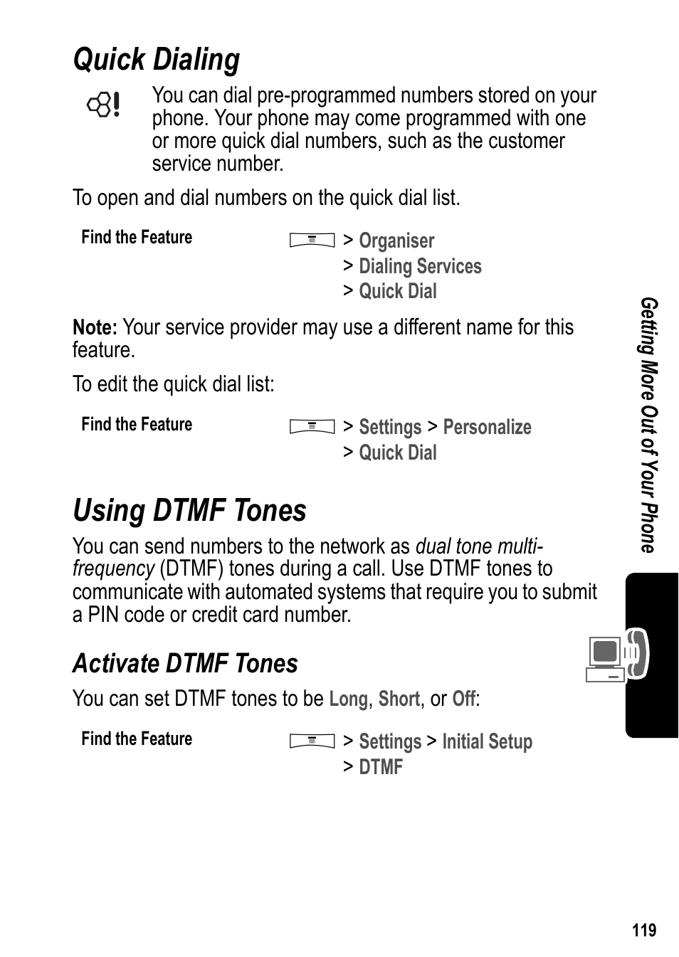 Quick dialing, Using dtmf tones, Activate dtmf tones | Quick dialing using dtmf tones | Siemens U15 User Manual | Page 120 / 188
