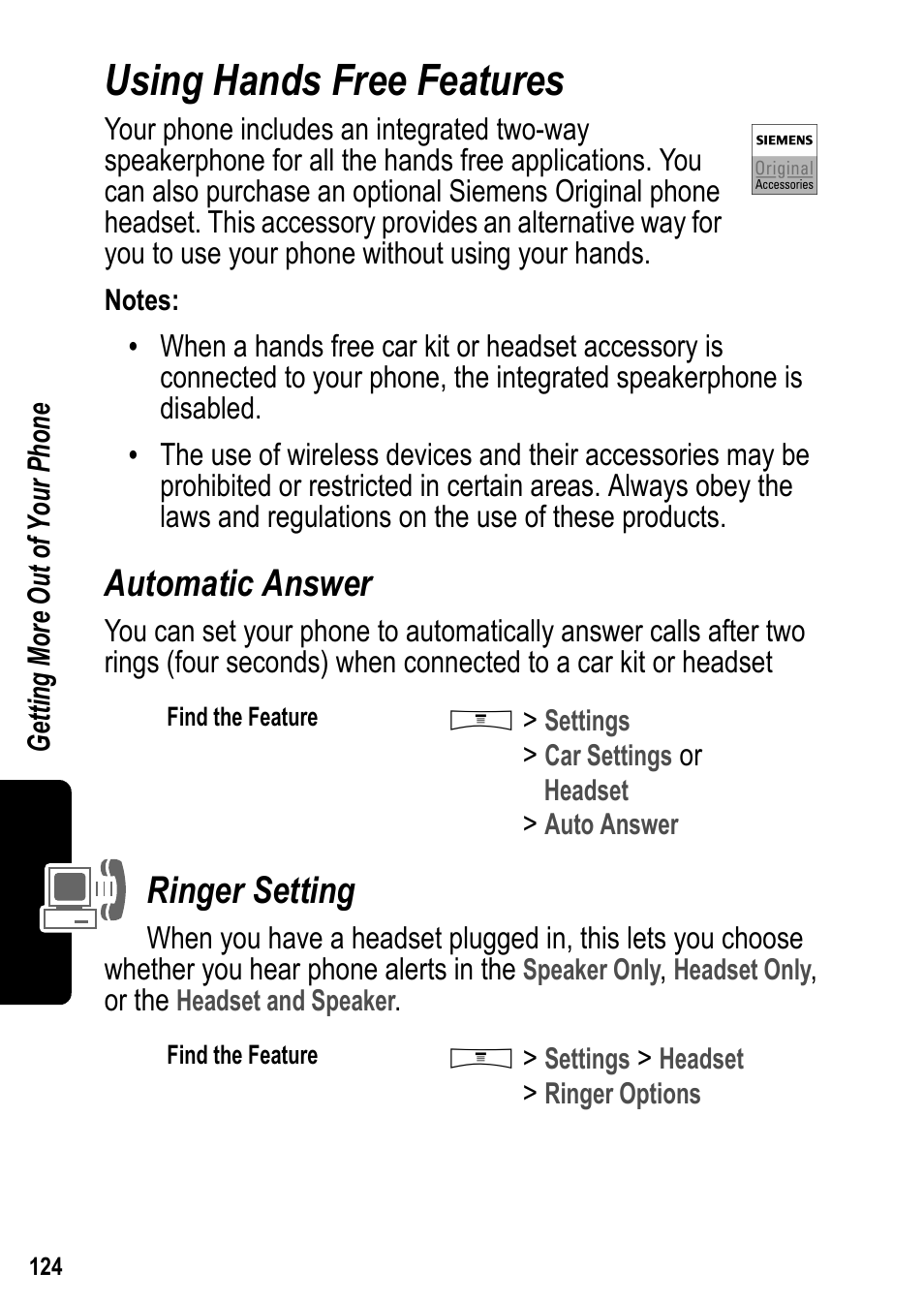 Using hands free features, Automatic answer, Ringer setting | Siemens U15 User Manual | Page 125 / 188