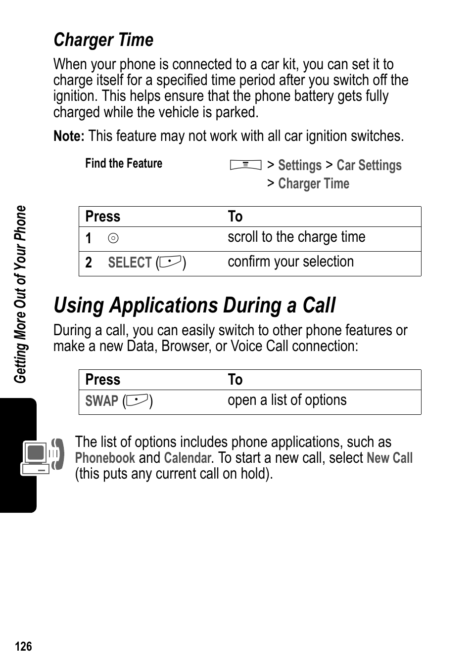 Charger time, Using applications during a call | Siemens U15 User Manual | Page 127 / 188