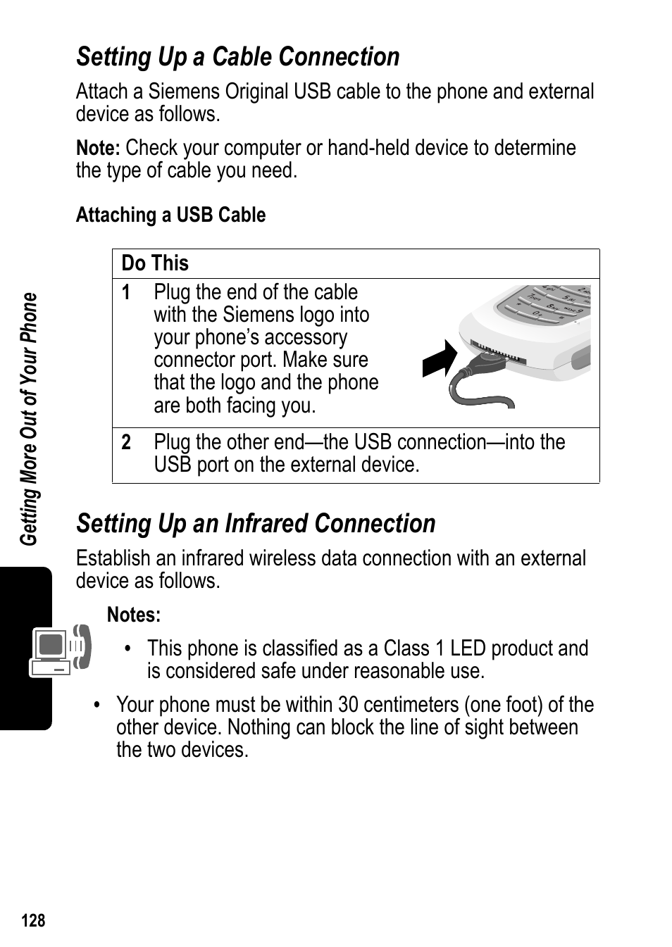 Setting up a cable connection, Setting up an infrared connection | Siemens U15 User Manual | Page 129 / 188