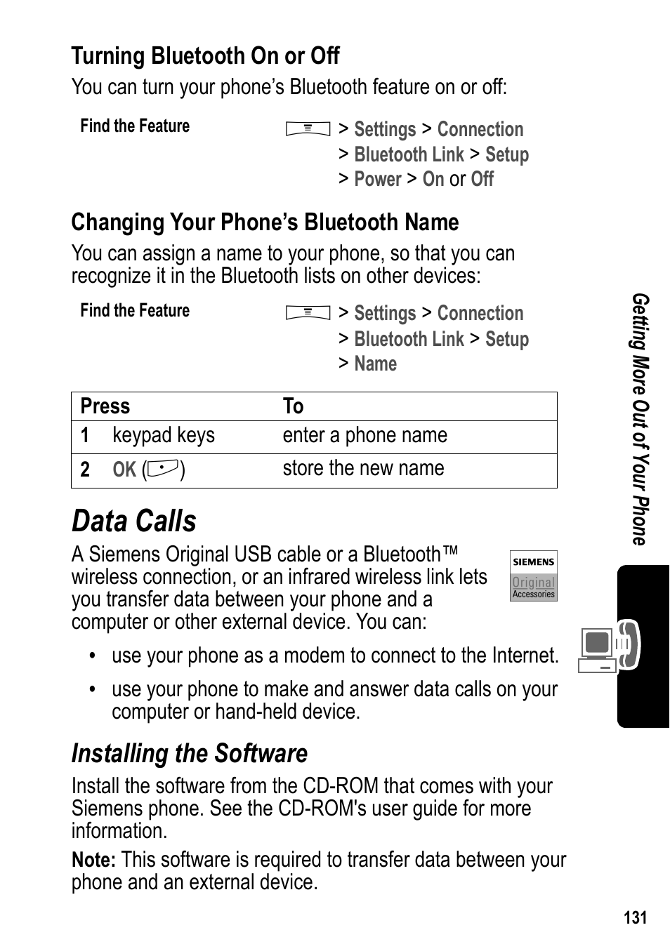 Data calls, Installing the software | Siemens U15 User Manual | Page 132 / 188