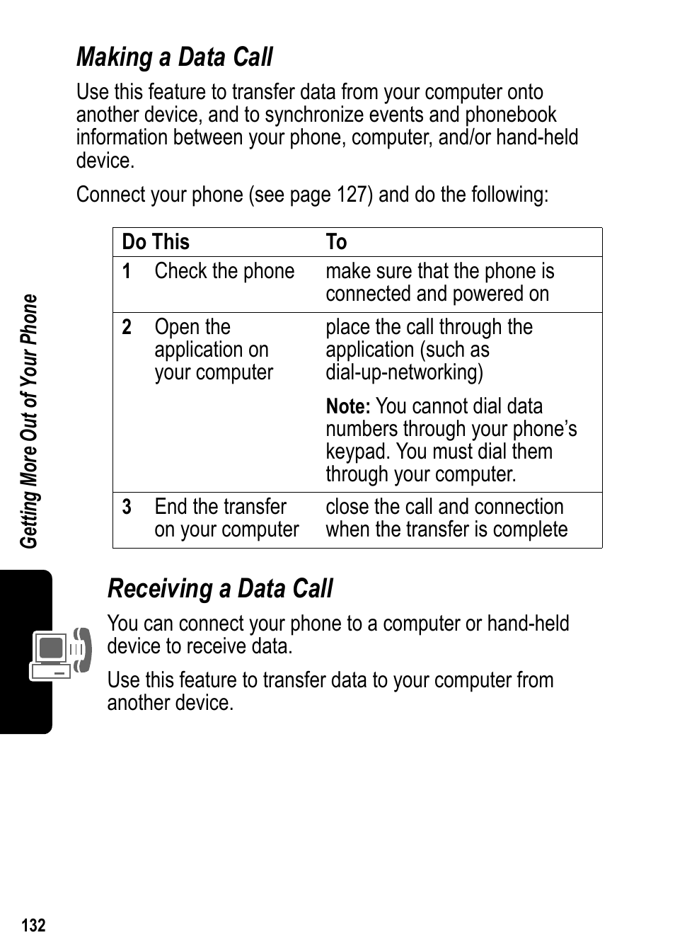 Making a data call, Receiving a data call | Siemens U15 User Manual | Page 133 / 188