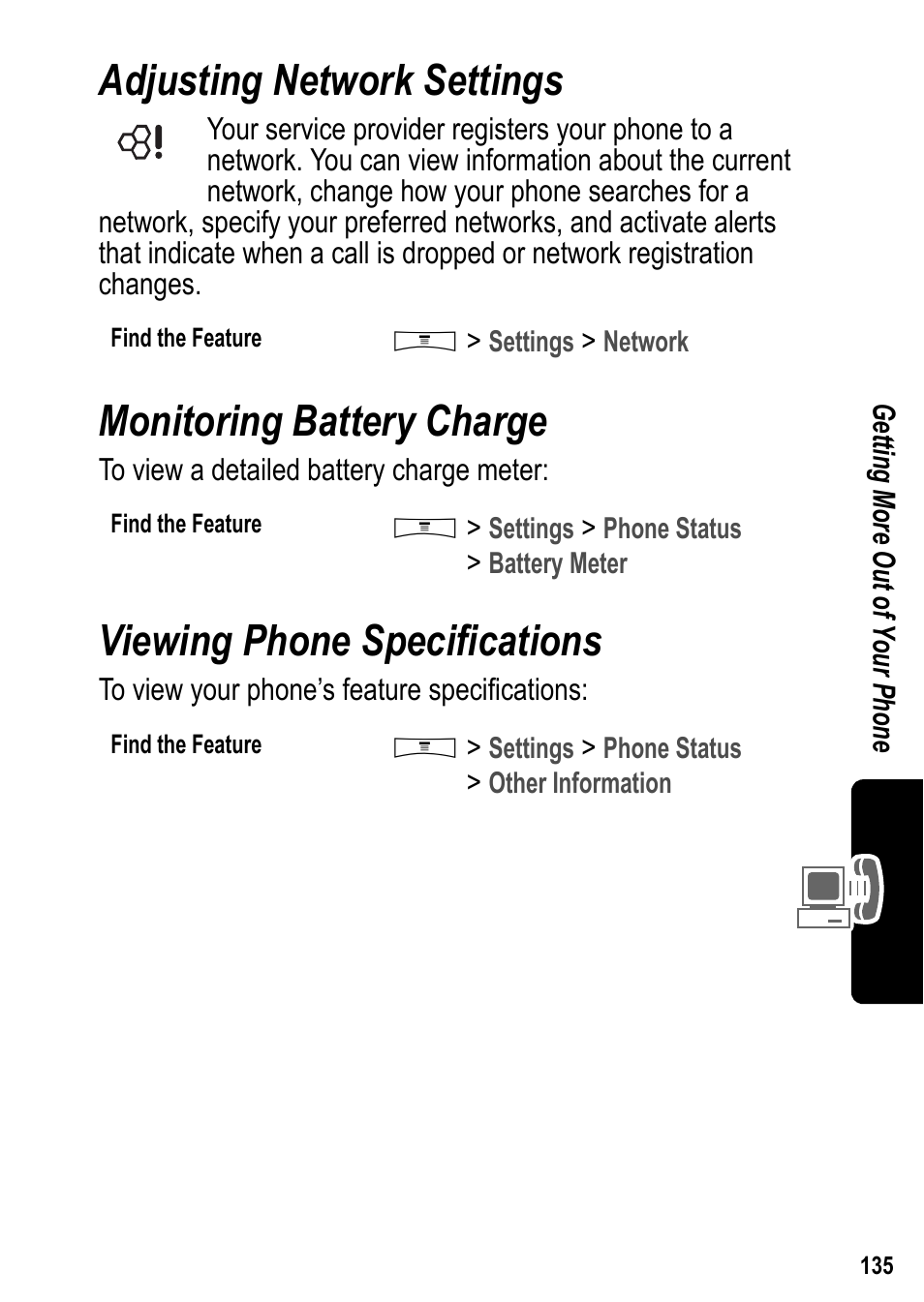 Adjusting network settings, Monitoring battery charge, Viewing phone specifications | Siemens U15 User Manual | Page 136 / 188