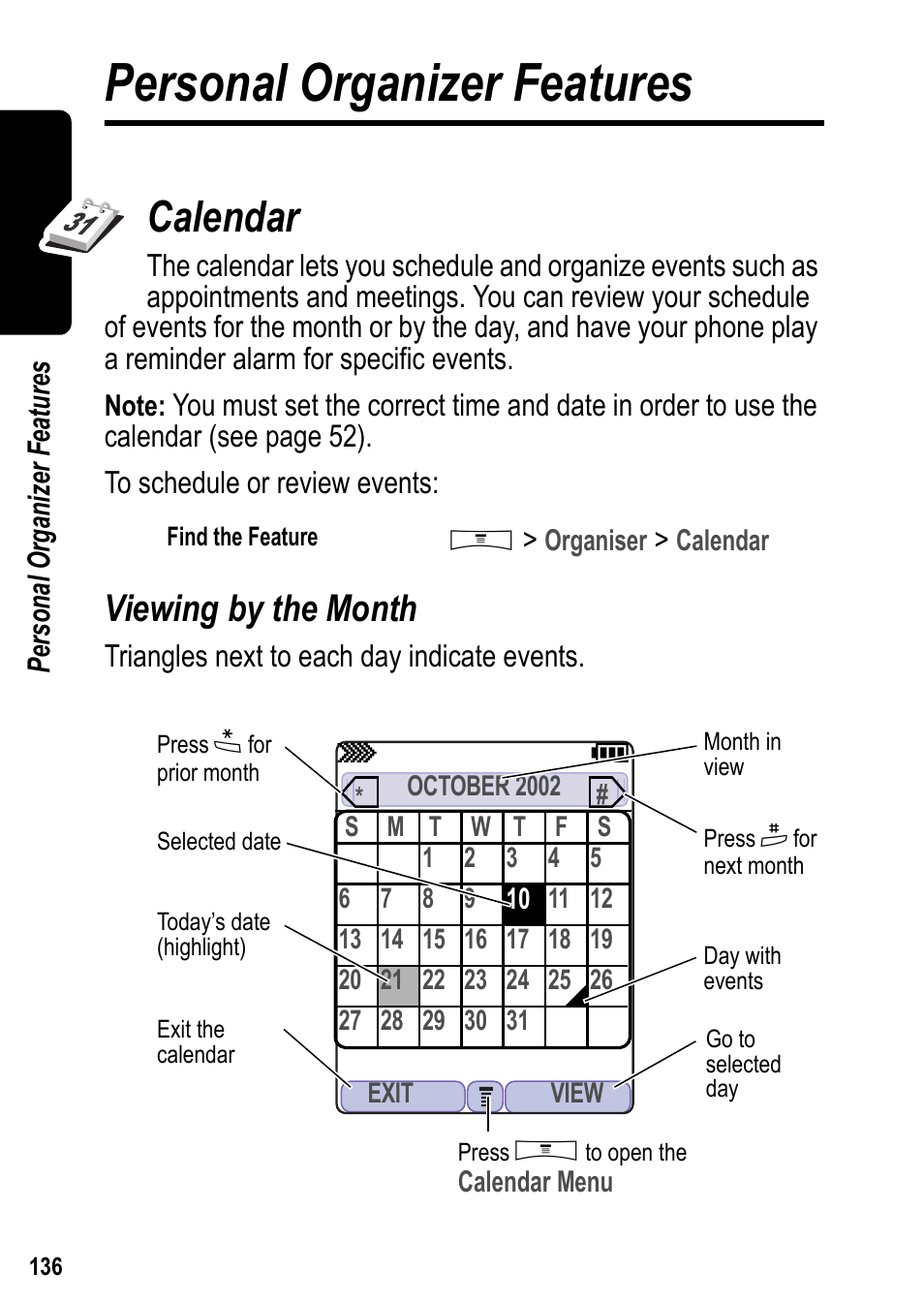 Personal organizer features, Calendar, Viewing by the month | Siemens U15 User Manual | Page 137 / 188