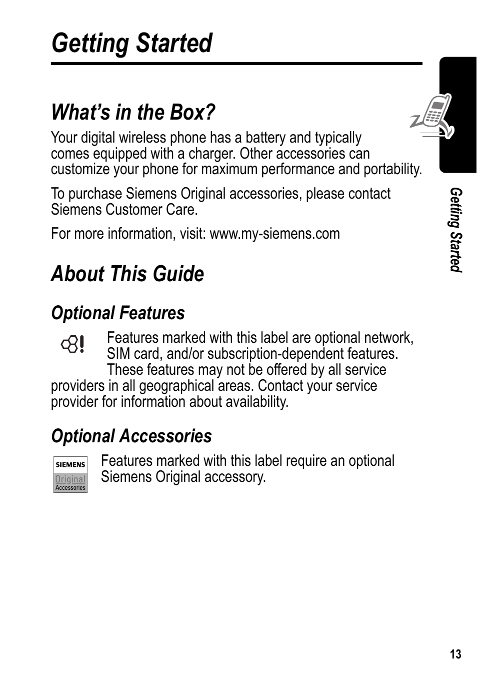 Getting started, What’s in the box, About this guide | Optional features, Optional accessories, What’s in the box? about this guide | Siemens U15 User Manual | Page 14 / 188