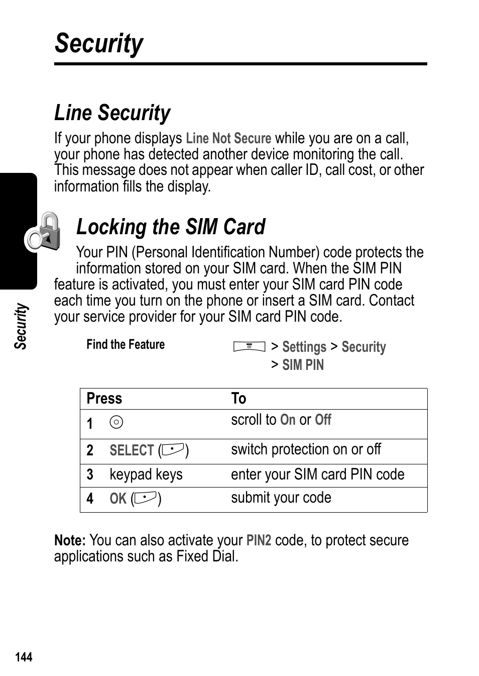 Security, Line security, Locking the sim card | Line security locking the sim card | Siemens U15 User Manual | Page 145 / 188