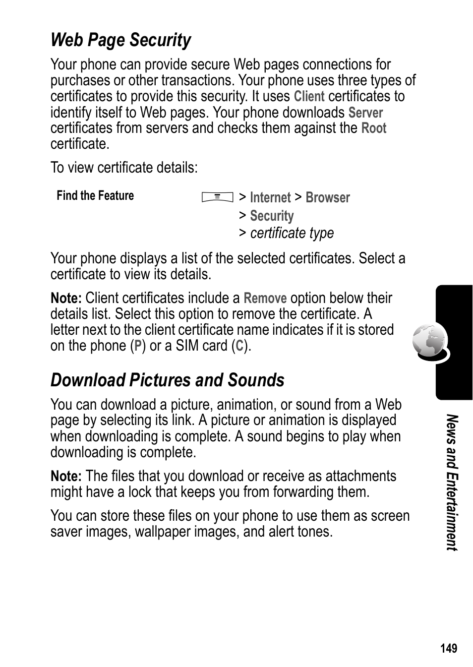 Download pictures and sounds, Web page security | Siemens U15 User Manual | Page 150 / 188