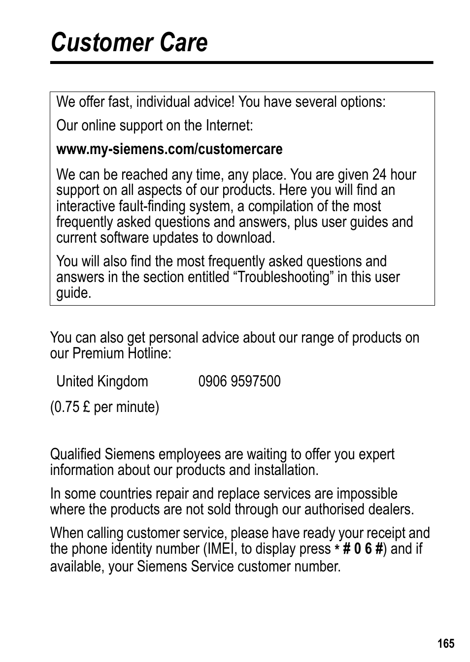 Customer care | Siemens U15 User Manual | Page 166 / 188