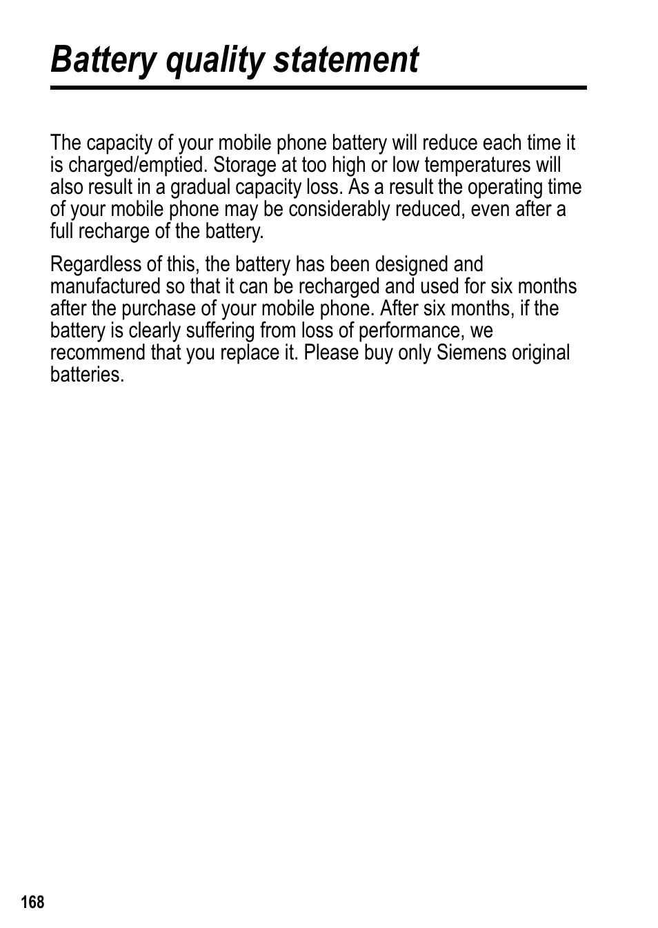 Battery quality statement | Siemens U15 User Manual | Page 169 / 188