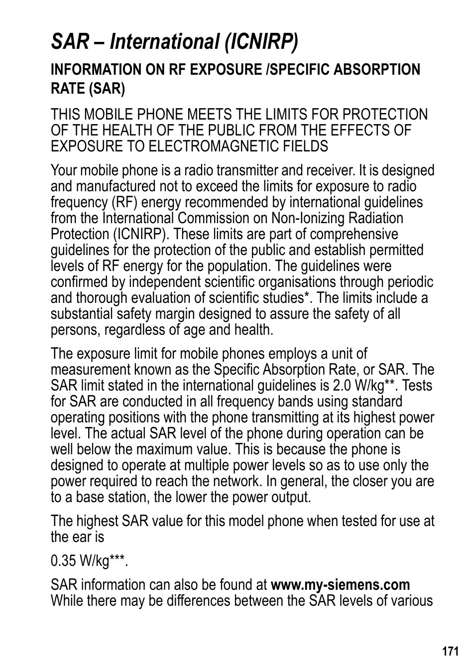 Sar – international (icnirp) | Siemens U15 User Manual | Page 172 / 188