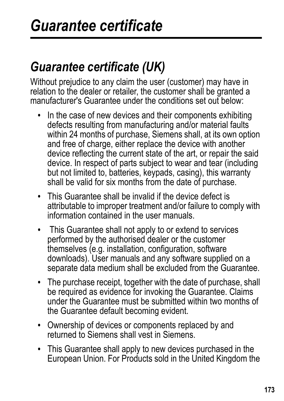 Guarantee certificate, Guarantee certificate (uk) | Siemens U15 User Manual | Page 174 / 188