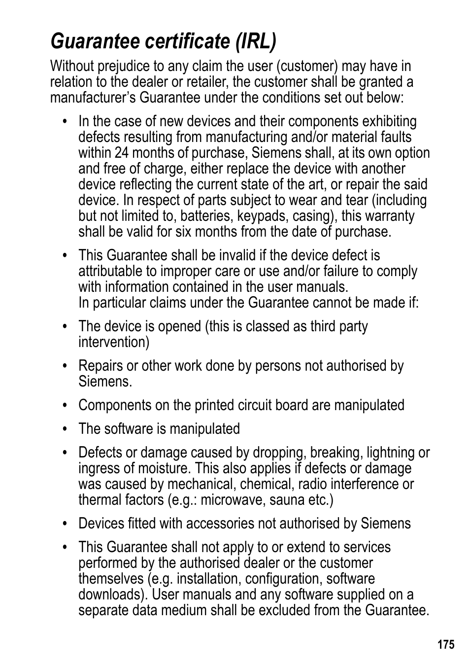 Guarantee certificate (irl) | Siemens U15 User Manual | Page 176 / 188