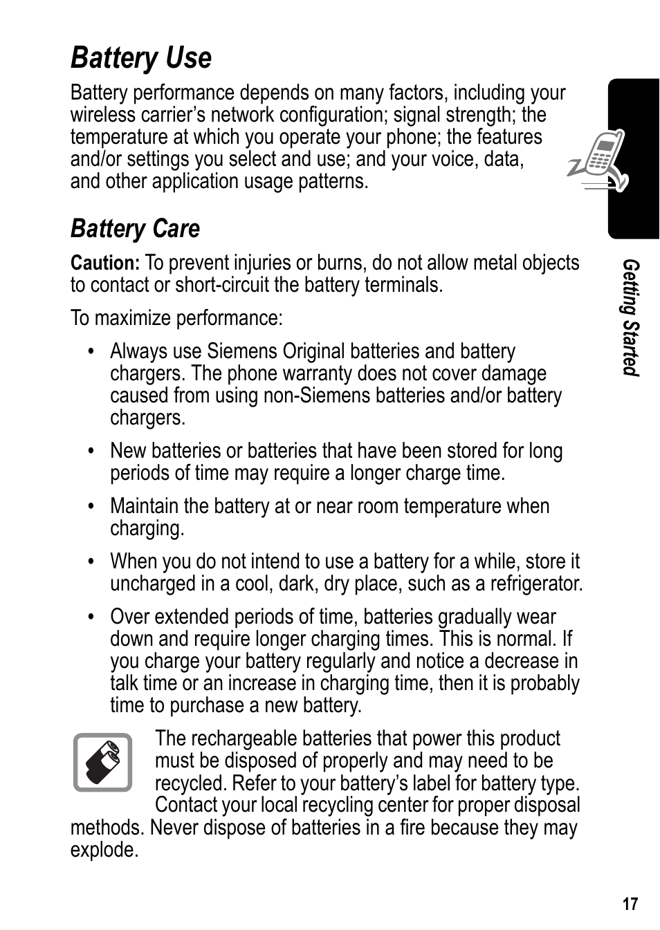 Battery use, Battery care | Siemens U15 User Manual | Page 18 / 188