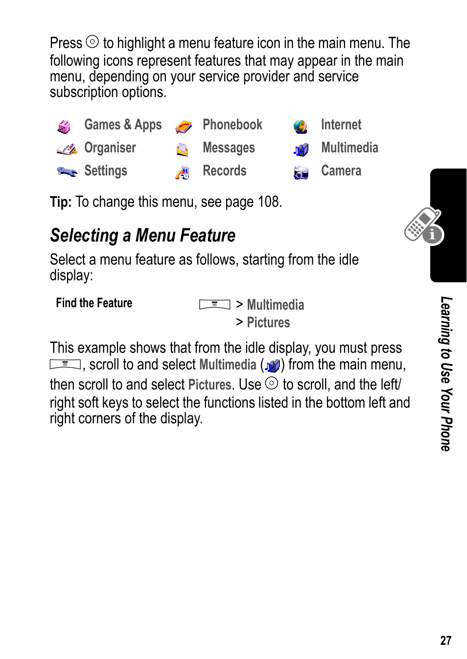 Selecting a menu feature | Siemens U15 User Manual | Page 28 / 188
