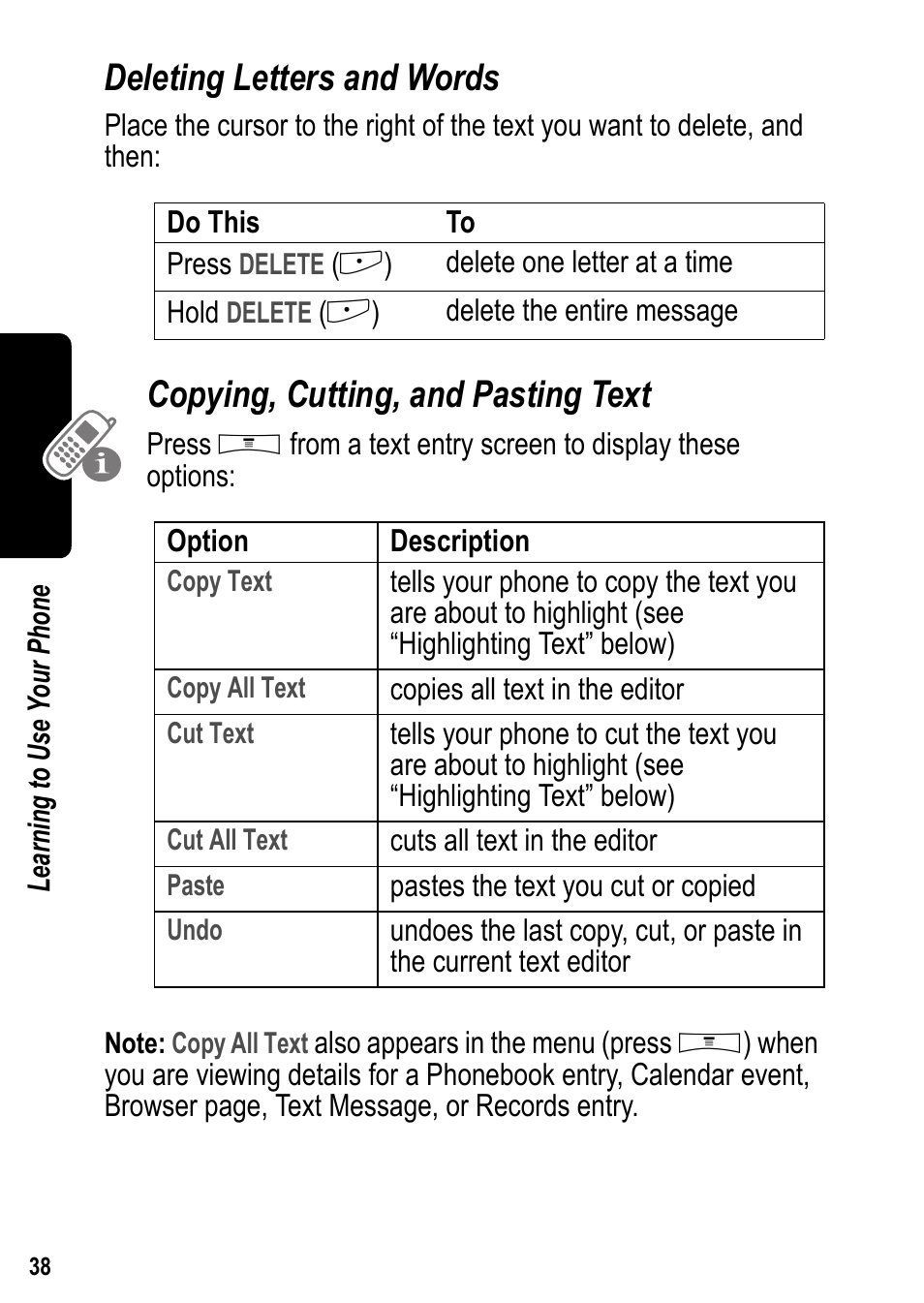Deleting letters and words, Copying, cutting, and pasting text | Siemens U15 User Manual | Page 39 / 188