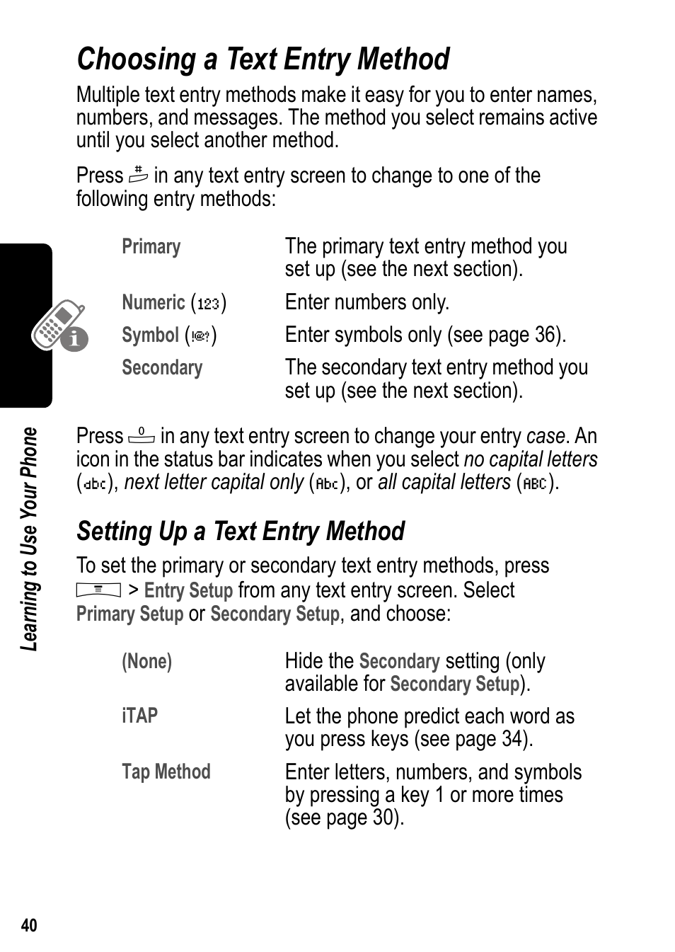 Choosing a text entry method, Setting up a text entry method | Siemens U15 User Manual | Page 41 / 188