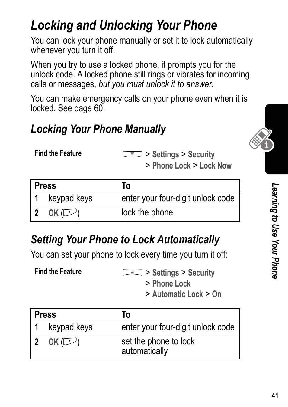 Locking and unlocking your phone, Locking your phone manually, Setting your phone to lock automatically | Siemens U15 User Manual | Page 42 / 188