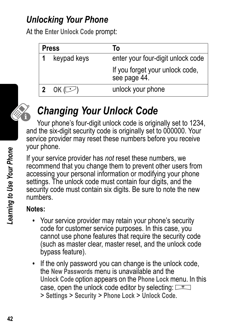 Unlocking your phone, Changing your unlock code | Siemens U15 User Manual | Page 43 / 188