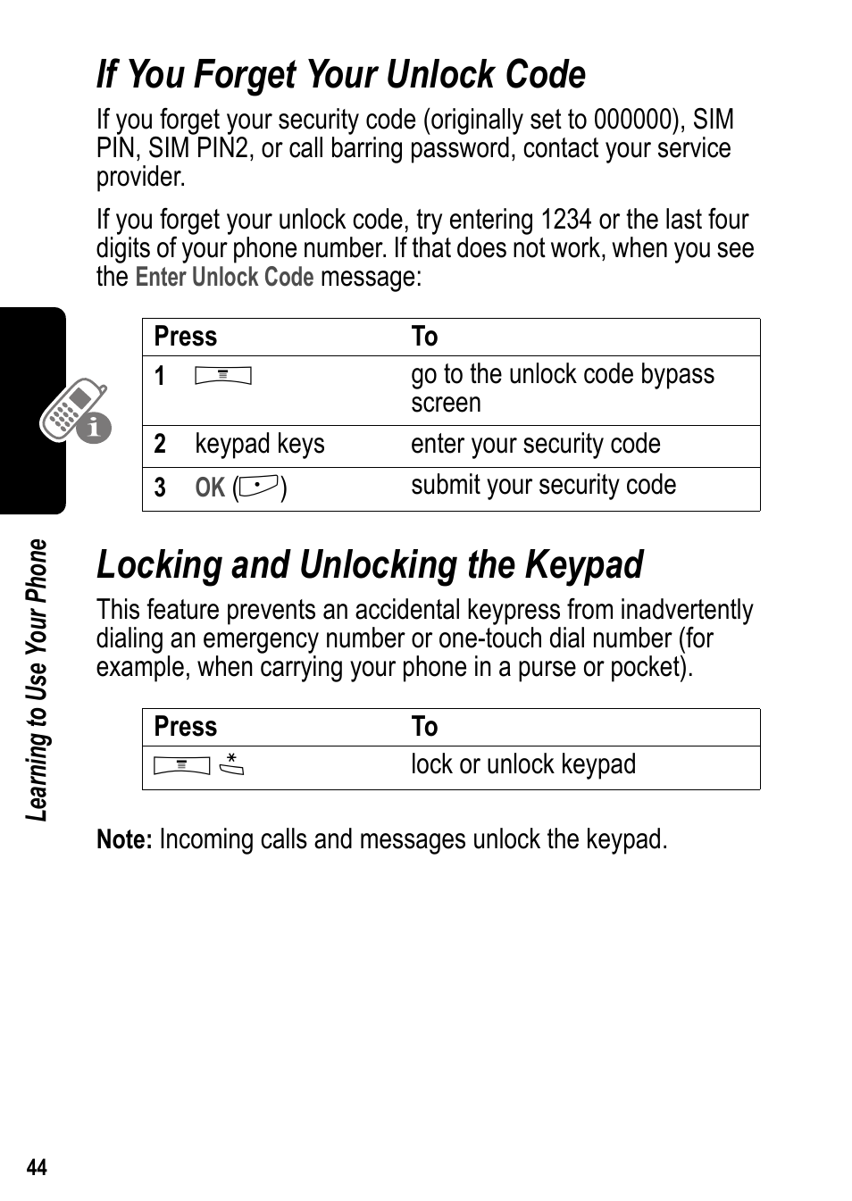 If you forget your unlock code, Locking and unlocking the keypad | Siemens U15 User Manual | Page 45 / 188