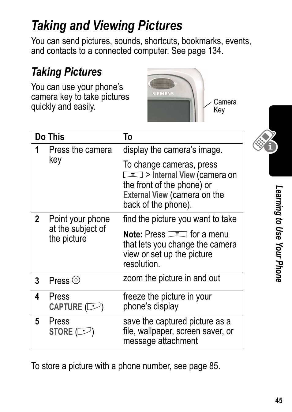 Taking and viewing pictures, Taking pictures | Siemens U15 User Manual | Page 46 / 188