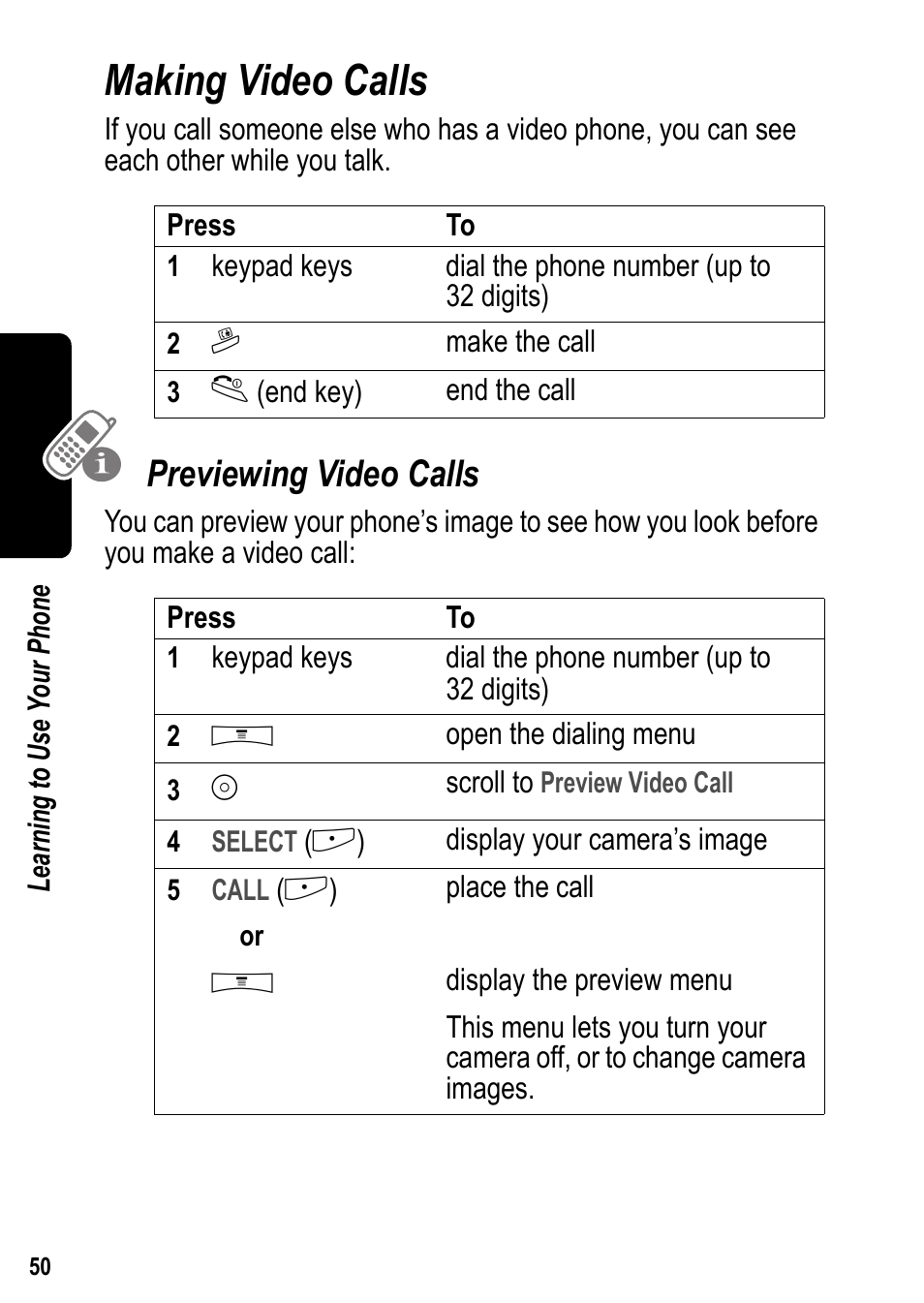 Making video calls, Previewing video calls | Siemens U15 User Manual | Page 51 / 188