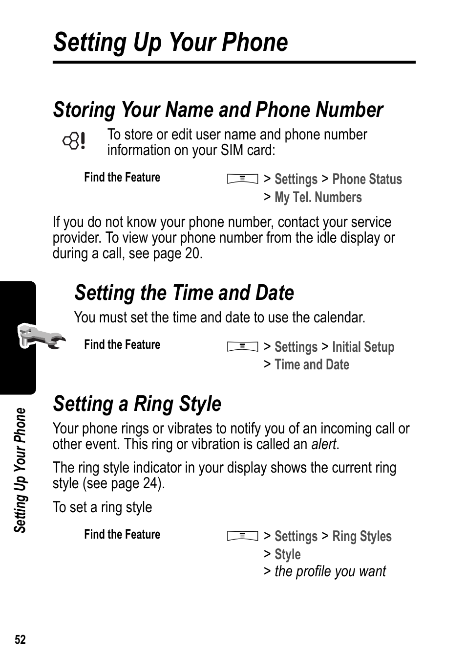 Setting up your phone, Storing your name and phone number, Setting the time and date | Setting a ring style | Siemens U15 User Manual | Page 53 / 188