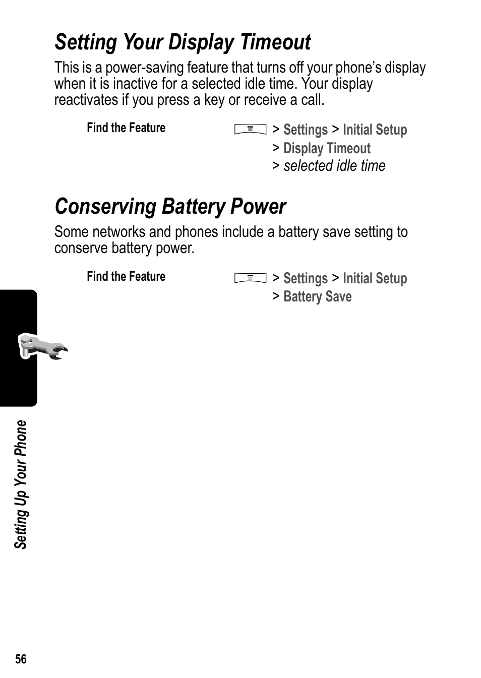 Setting your display timeout, Conserving battery power | Siemens U15 User Manual | Page 57 / 188