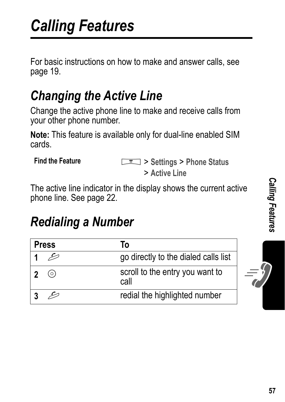 Calling features, Changing the active line, Redialing a number | Changing the active line redialing a number | Siemens U15 User Manual | Page 58 / 188