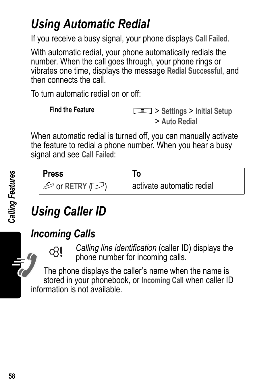 Using automatic redial, Using caller id, Incoming calls | Using automatic redial using caller id | Siemens U15 User Manual | Page 59 / 188