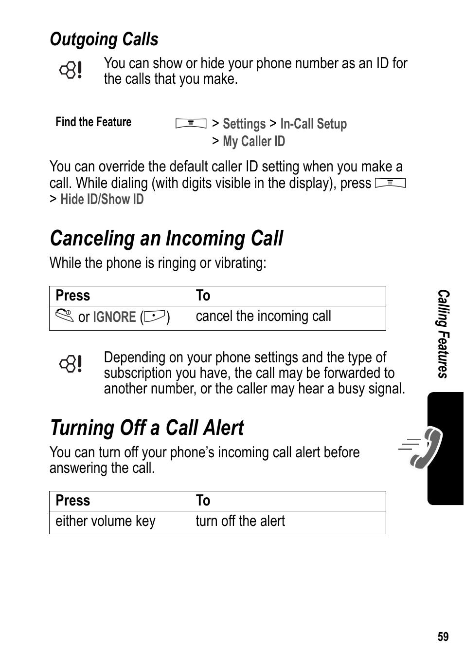 Outgoing calls, Canceling an incoming call, Turning off a call alert | Siemens U15 User Manual | Page 60 / 188