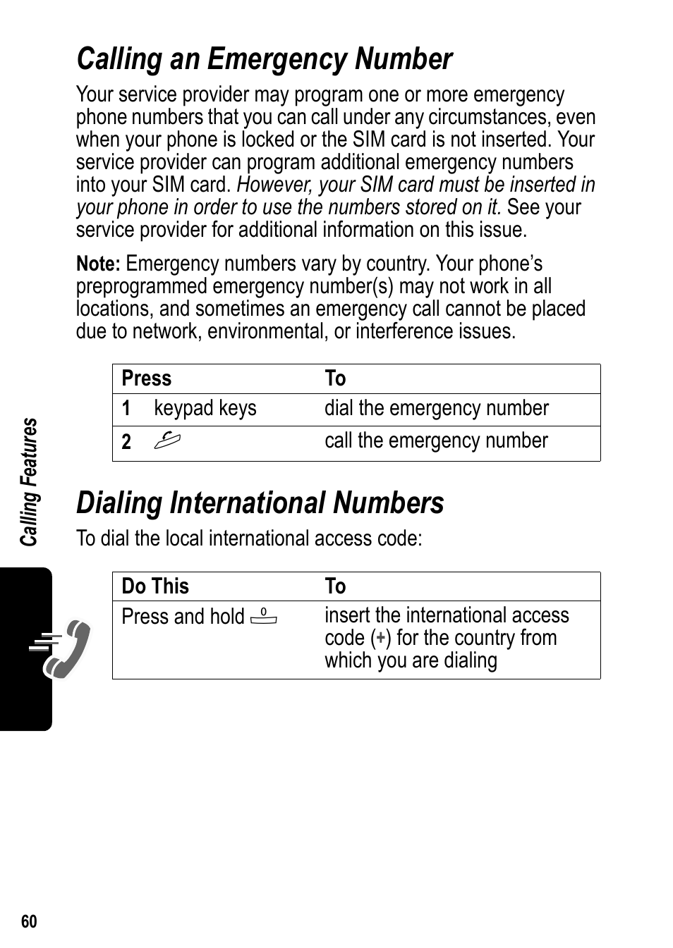 Calling an emergency number, Dialing international numbers | Siemens U15 User Manual | Page 61 / 188