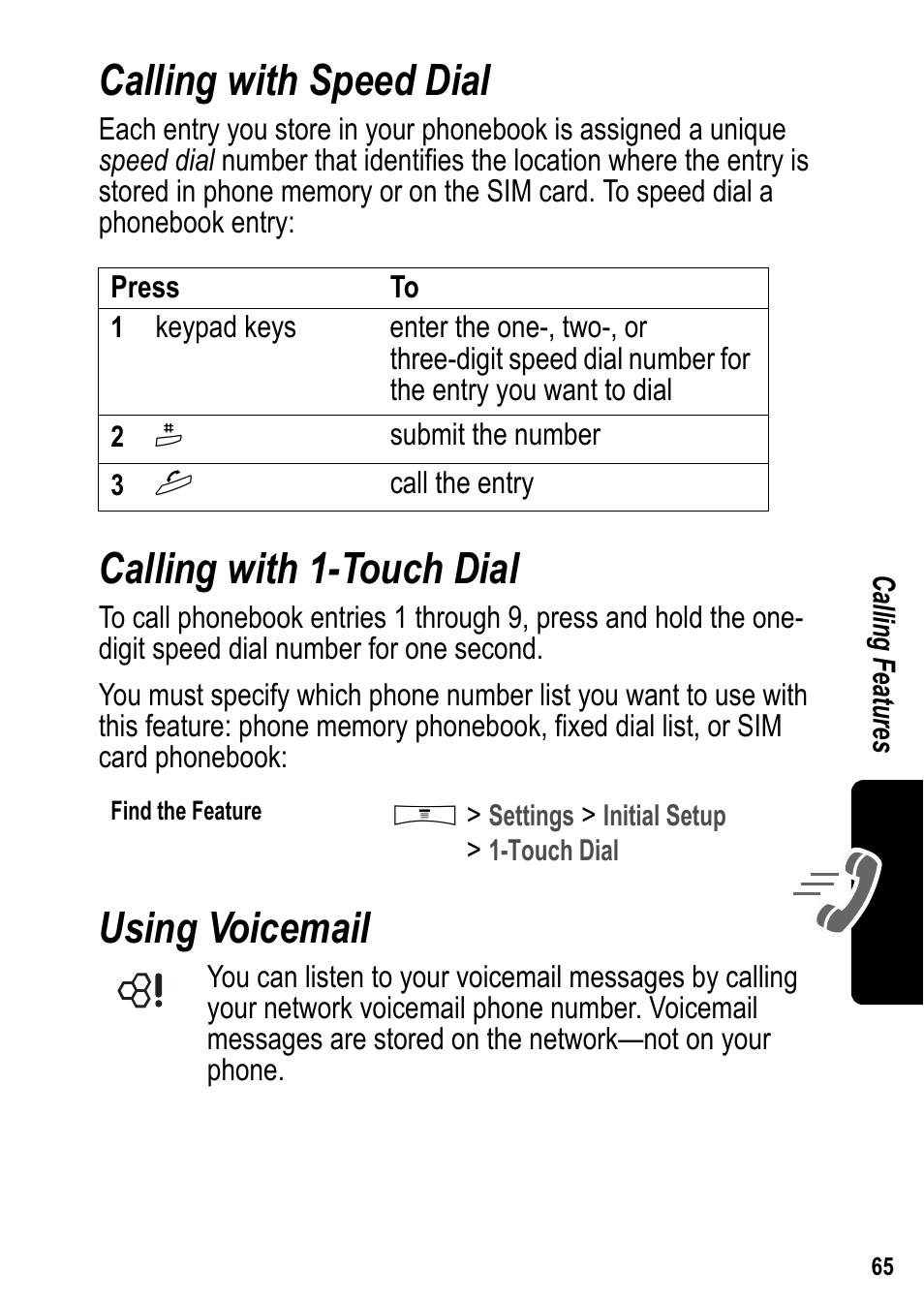 Calling with speed dial, Calling with 1-touch dial, Using voicemail | Siemens U15 User Manual | Page 66 / 188