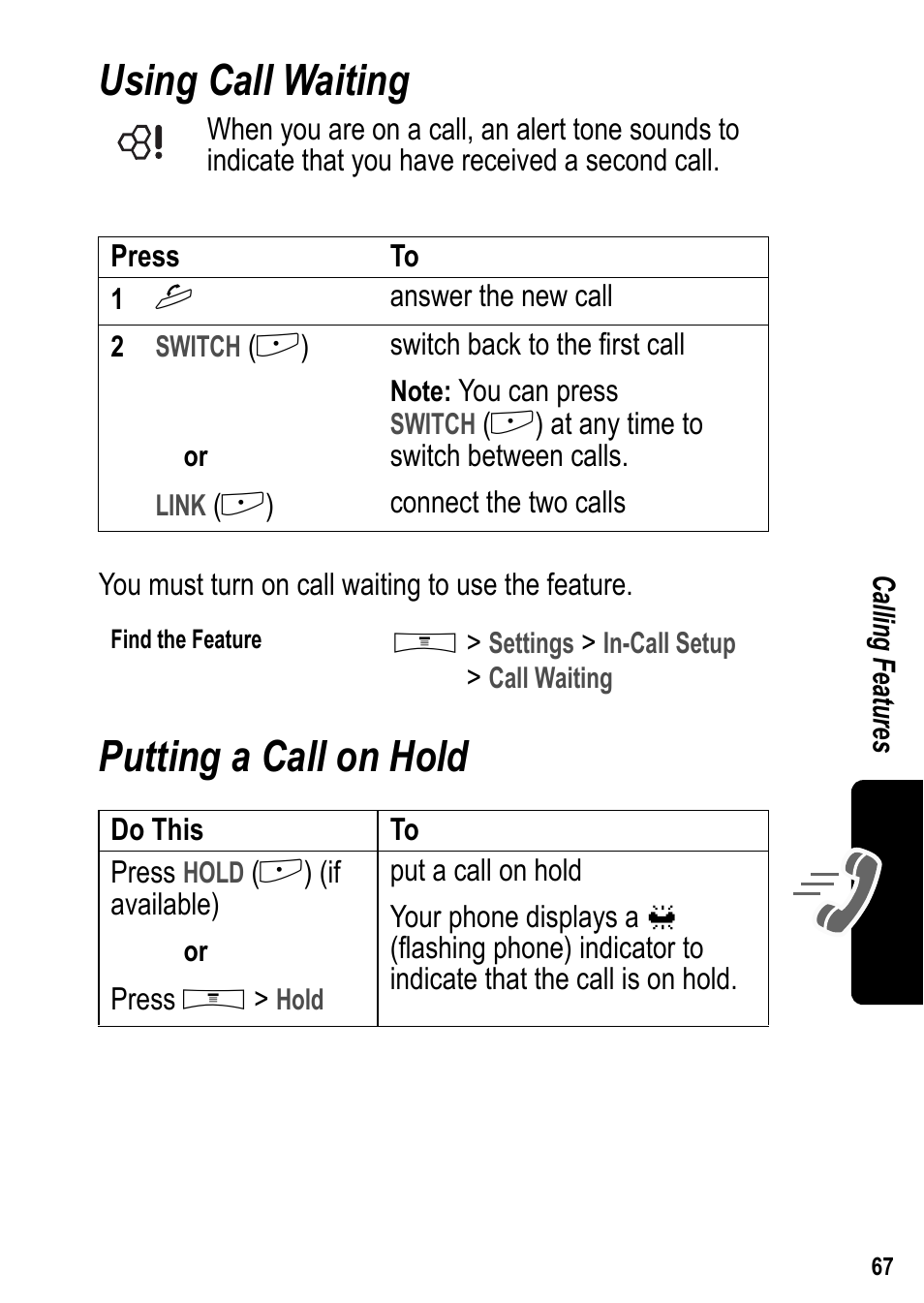 Using call waiting, Putting a call on hold, Using call waiting putting a call on hold | Siemens U15 User Manual | Page 68 / 188