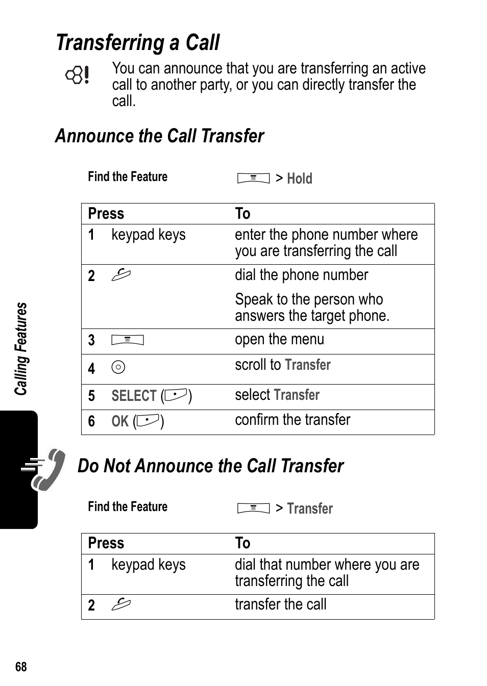 Transferring a call, Announce the call transfer, Do not announce the call transfer | Siemens U15 User Manual | Page 69 / 188