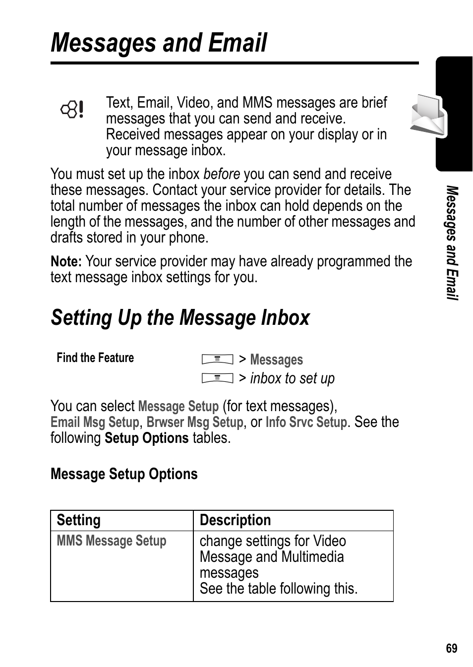 Messages and email, Setting up the message inbox | Siemens U15 User Manual | Page 70 / 188