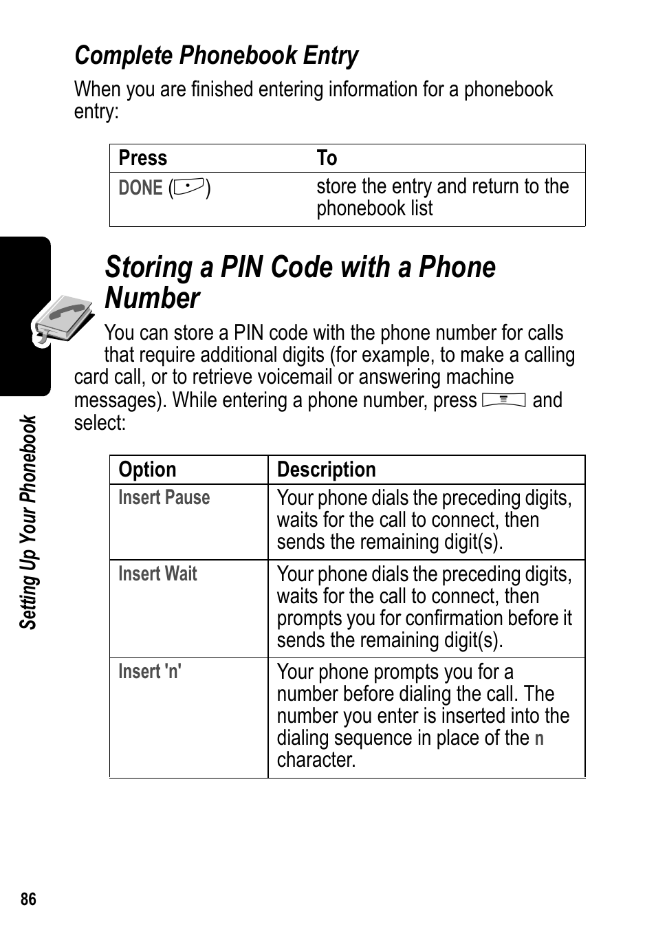 Complete phonebook entry, Storing a pin code with a phone number | Siemens U15 User Manual | Page 87 / 188