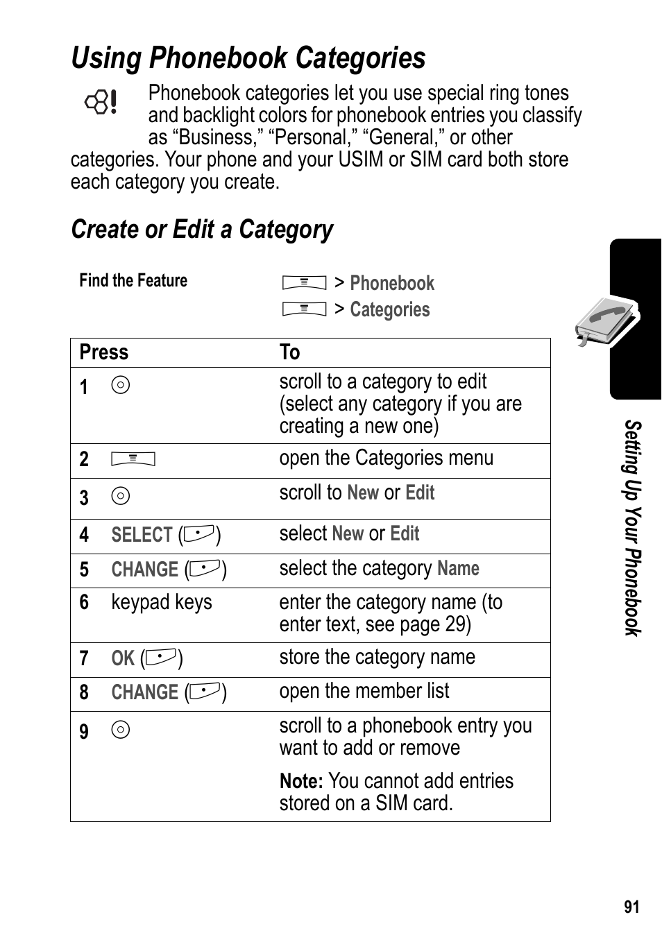 Using phonebook categories, Create or edit a category | Siemens U15 User Manual | Page 92 / 188