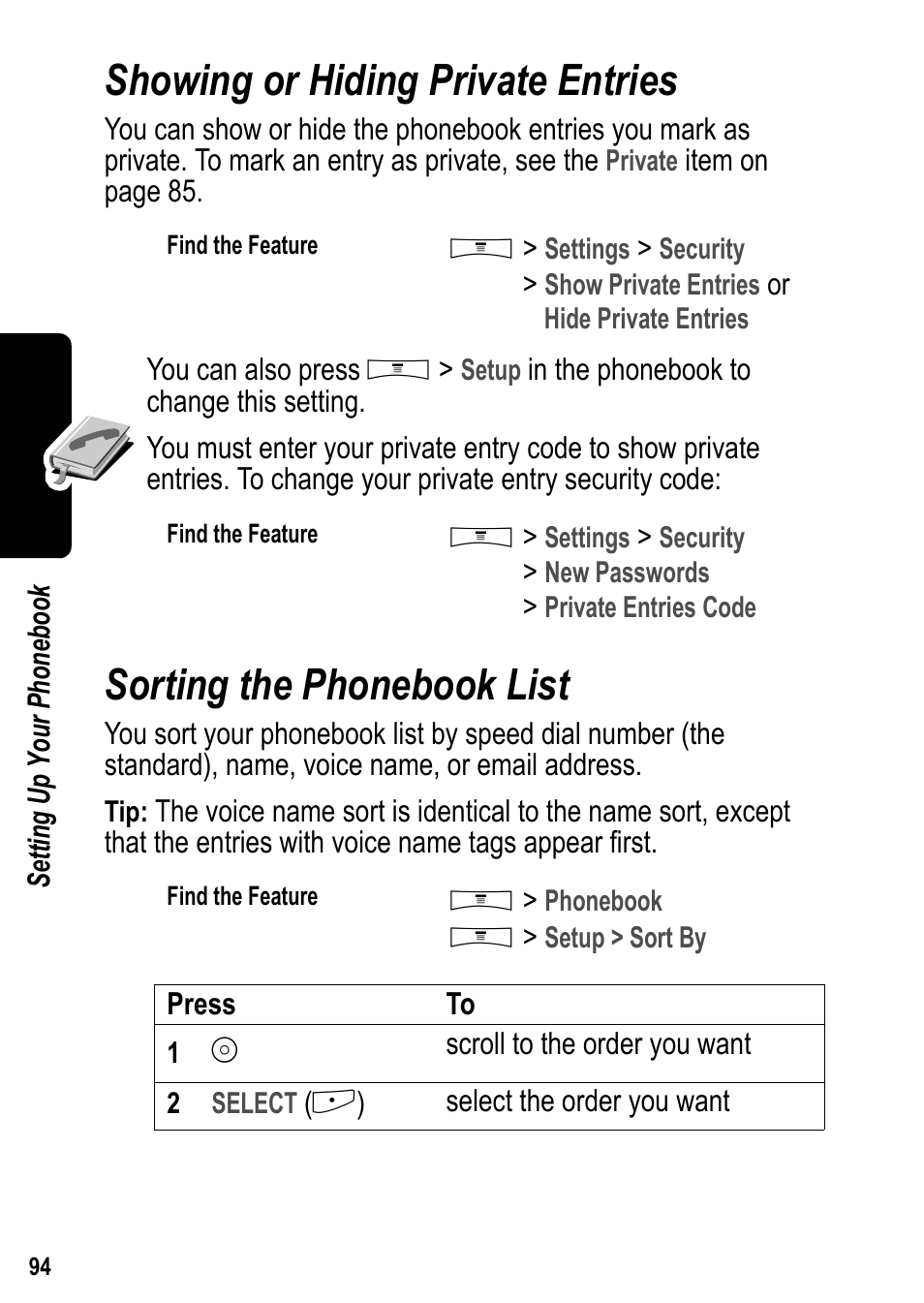 Showing or hiding private entries, Sorting the phonebook list | Siemens U15 User Manual | Page 95 / 188