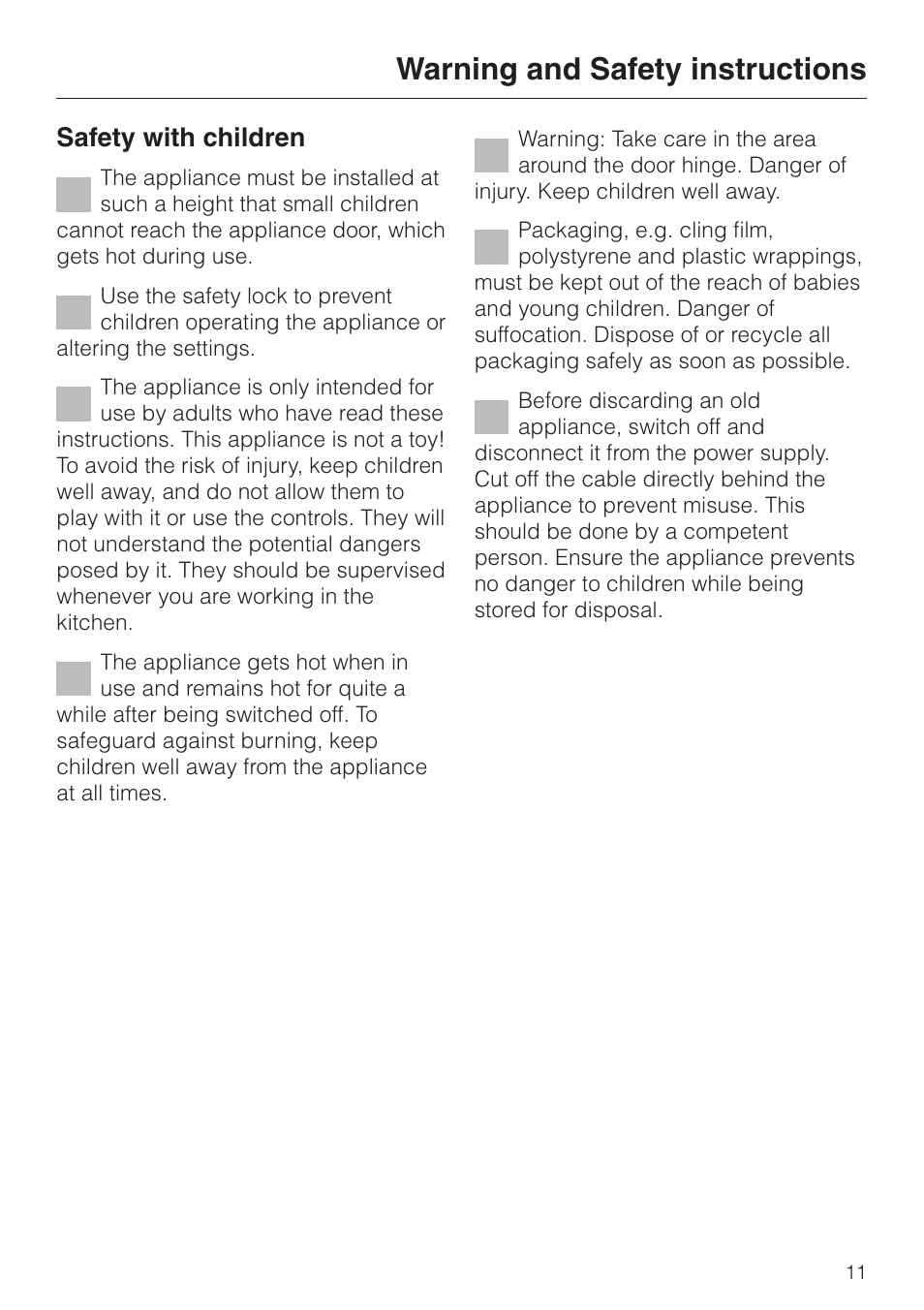 Warning and safety instructions, Safety with children | Miele DG 4064 User Manual | Page 11 / 60
