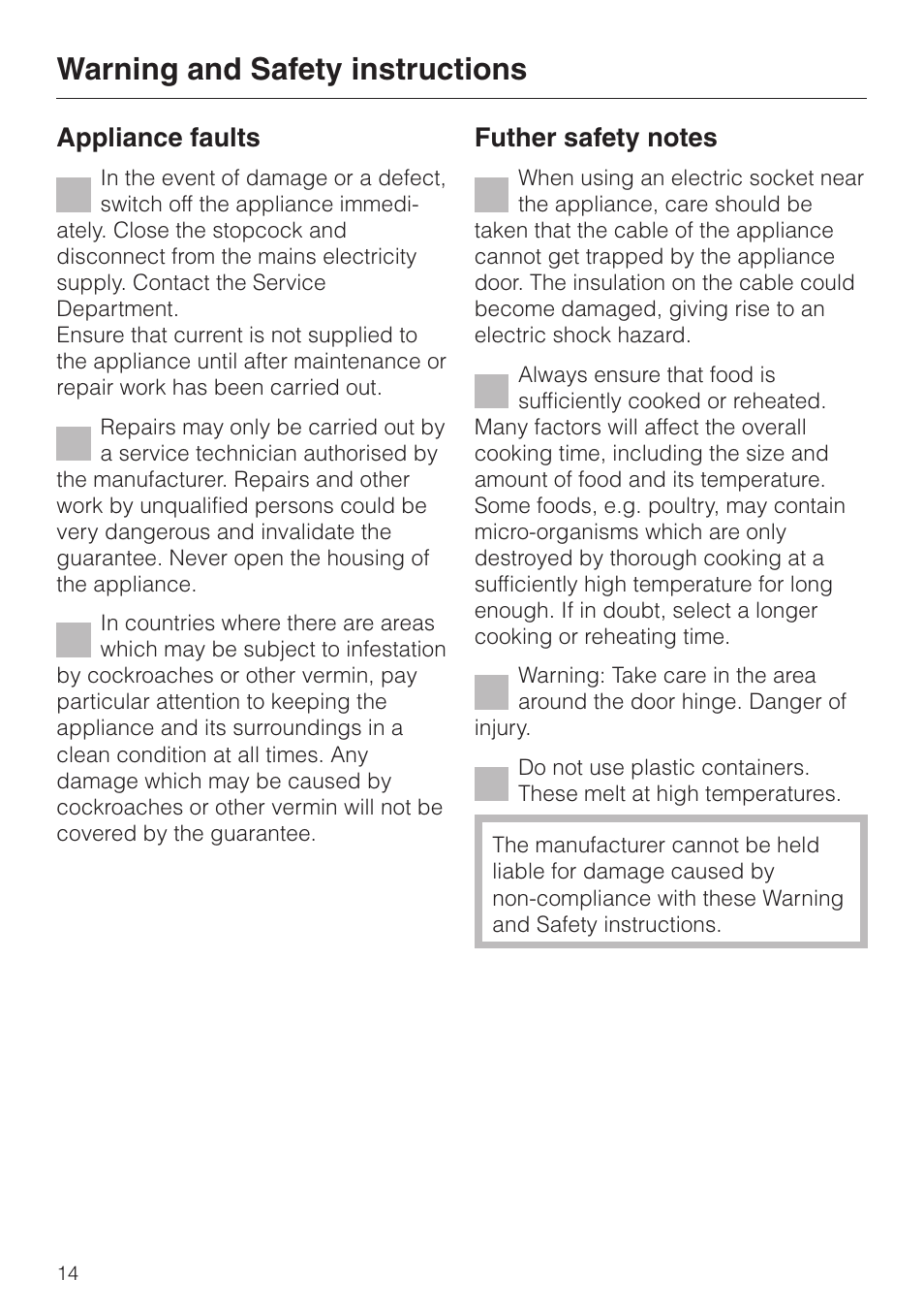 Warning and safety instructions, Appliance faults | Miele DG 4064 User Manual | Page 14 / 60