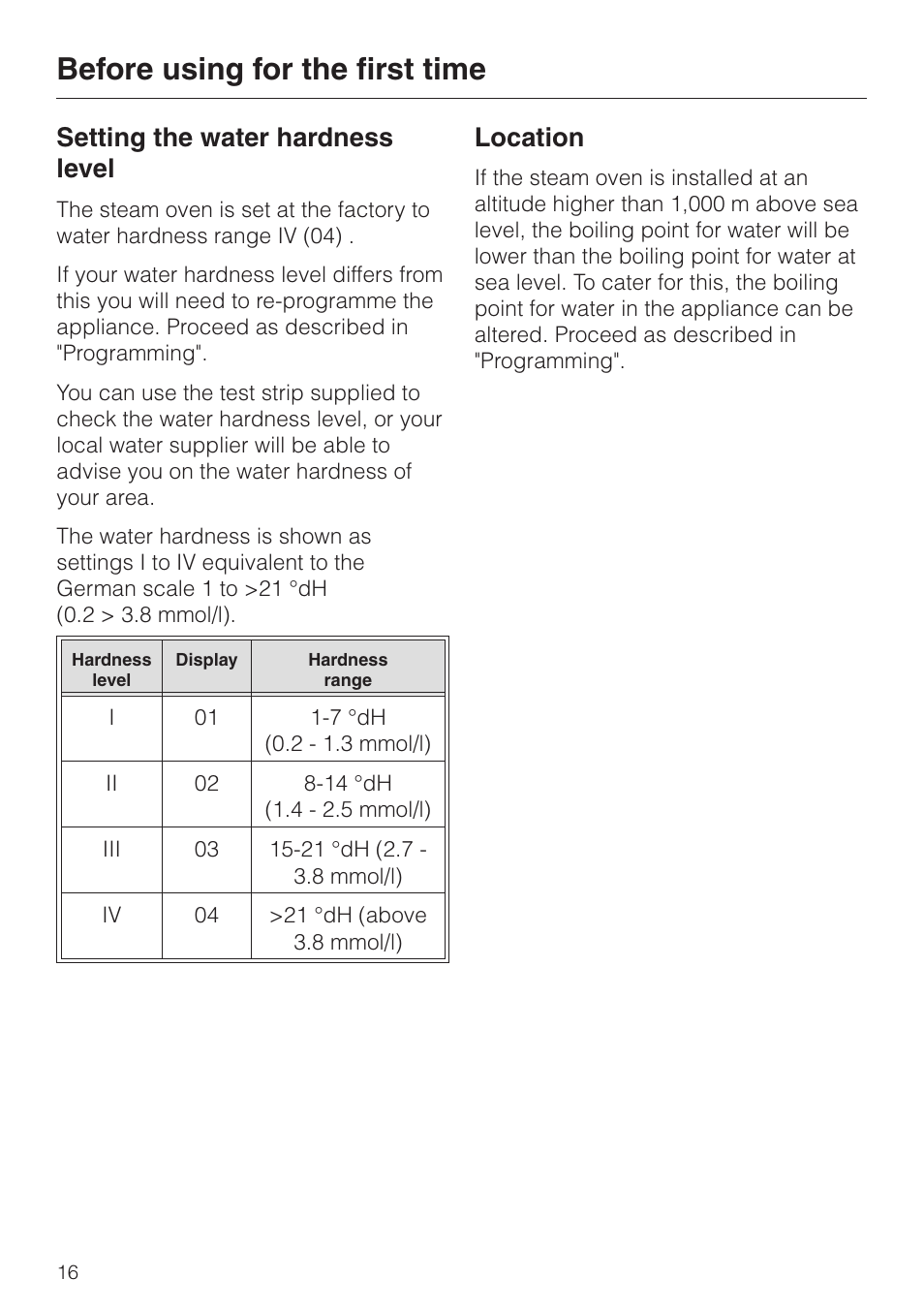 Before using for the first time 16, Setting the water hardness level 16, Location 16 | Before using for the first time, Setting the water hardness level, Location | Miele DG 4064 User Manual | Page 16 / 60