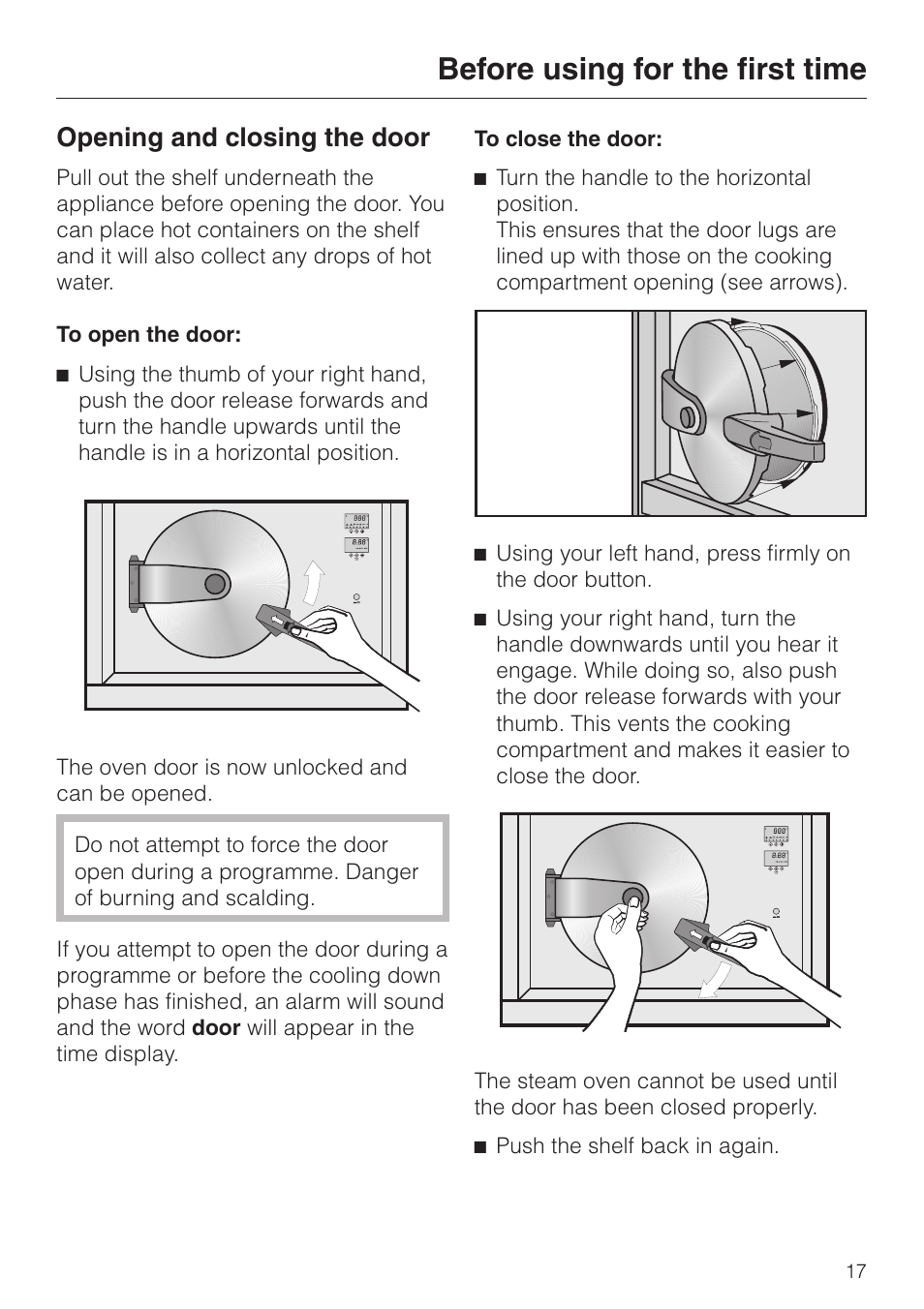 Opening and closing the door 17, Before using for the first time, Opening and closing the door | Miele DG 4064 User Manual | Page 17 / 60