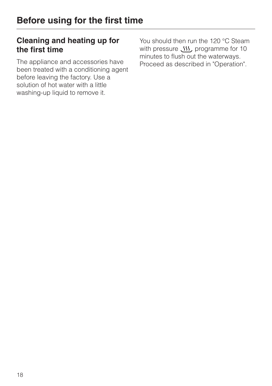 Cleaning and heating up for the first time 18, Before using for the first time | Miele DG 4064 User Manual | Page 18 / 60