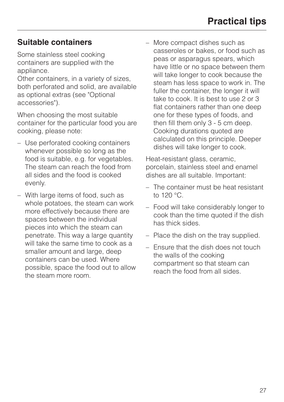 Practical tips 27, Suitable containers 27, Practical tips | Suitable containers | Miele DG 4064 User Manual | Page 27 / 60