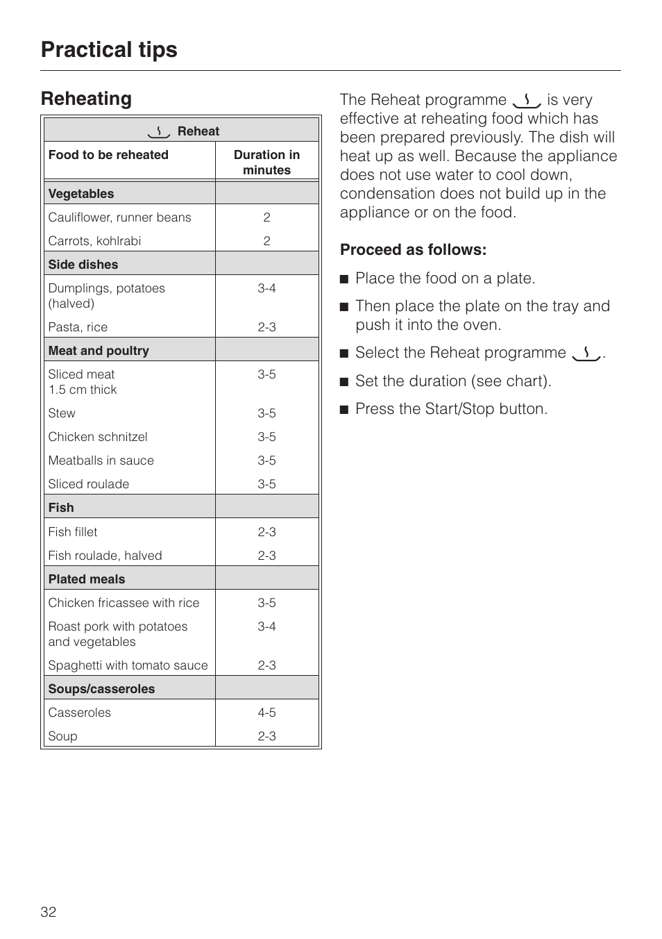 Reheating 32, Practical tips, Reheating | Miele DG 4064 User Manual | Page 32 / 60