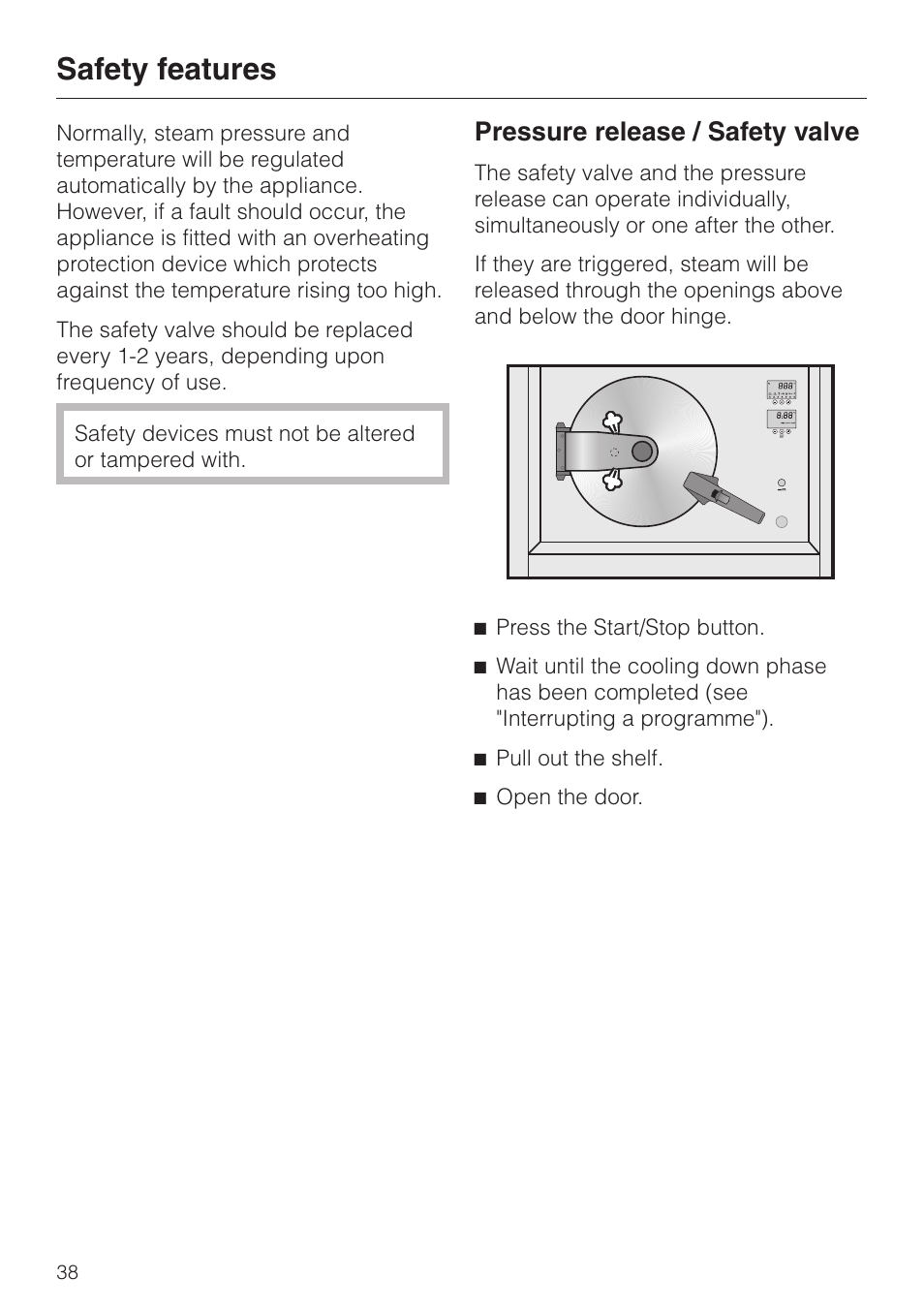 Safety features 38, Pressure release / safety valve 38, Safety features | Pressure release / safety valve | Miele DG 4064 User Manual | Page 38 / 60