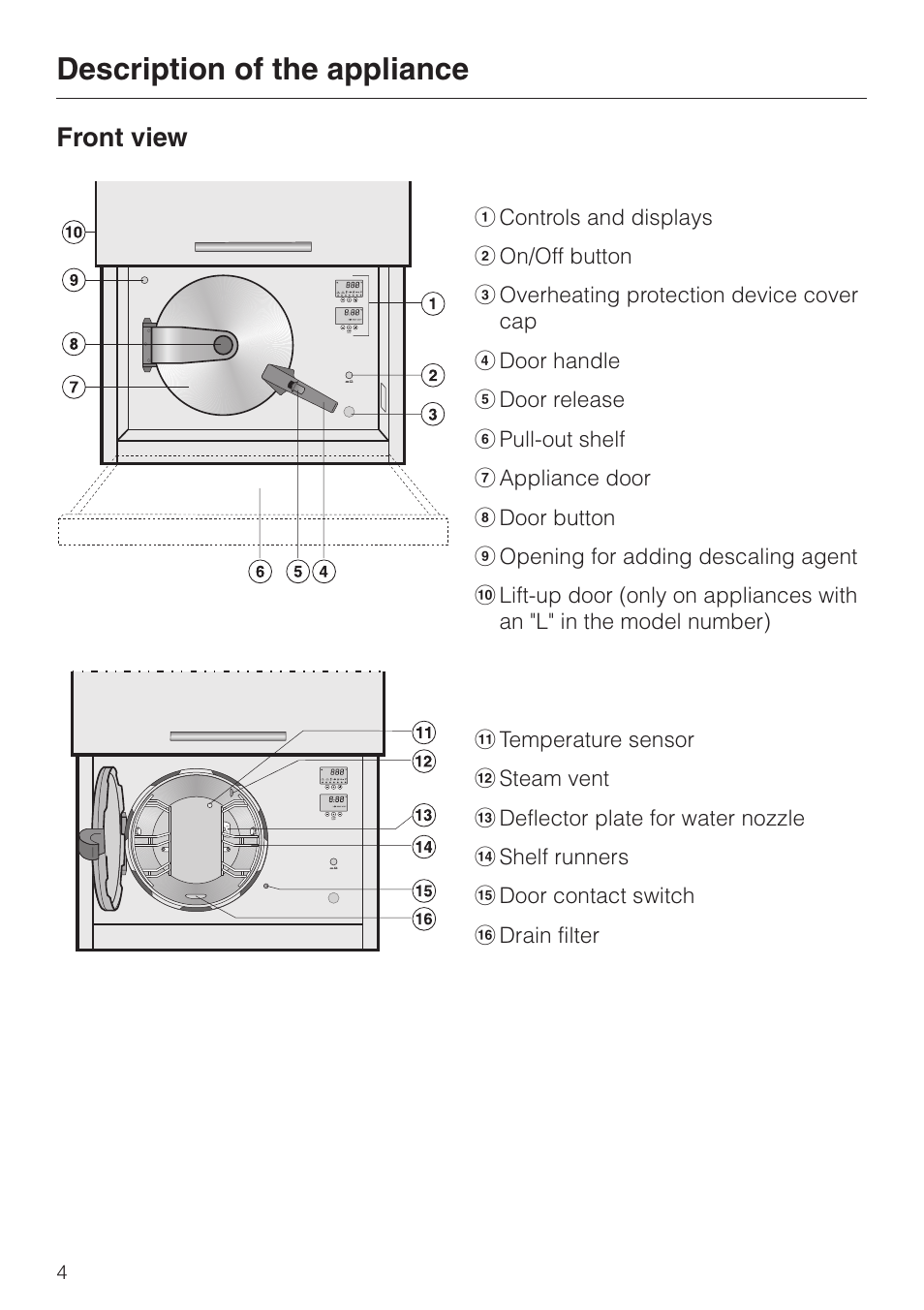 Description of the appliance 4, Front view 4, Description of the appliance | Front view | Miele DG 4064 User Manual | Page 4 / 60